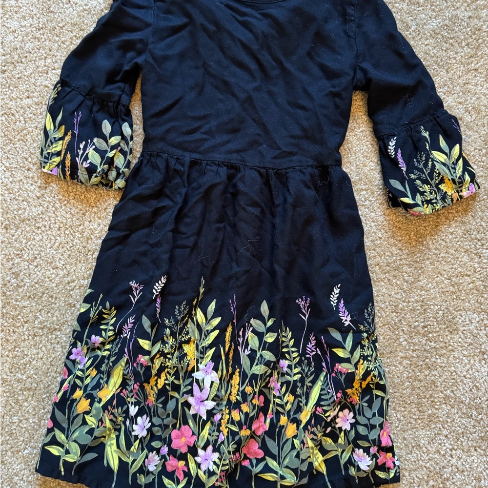 Floral Embroidered Kids Dress - Black